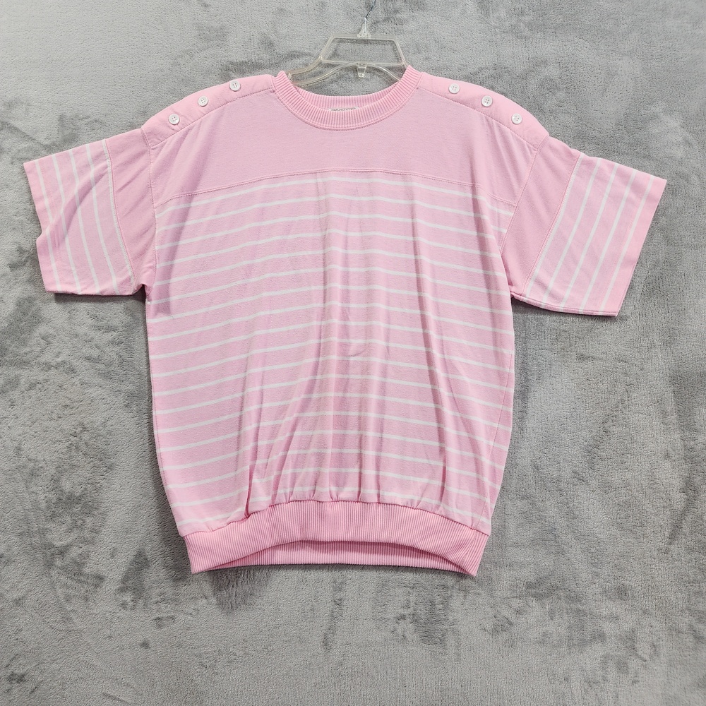 Vintage Lindsey Blake Sport Shirt Womens L Pink Stripe Button Shoulder Blouson